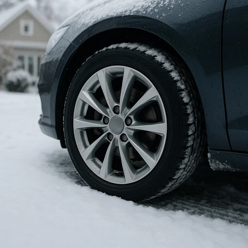 Car tire with silver alloy wheel in snow with residential house in background