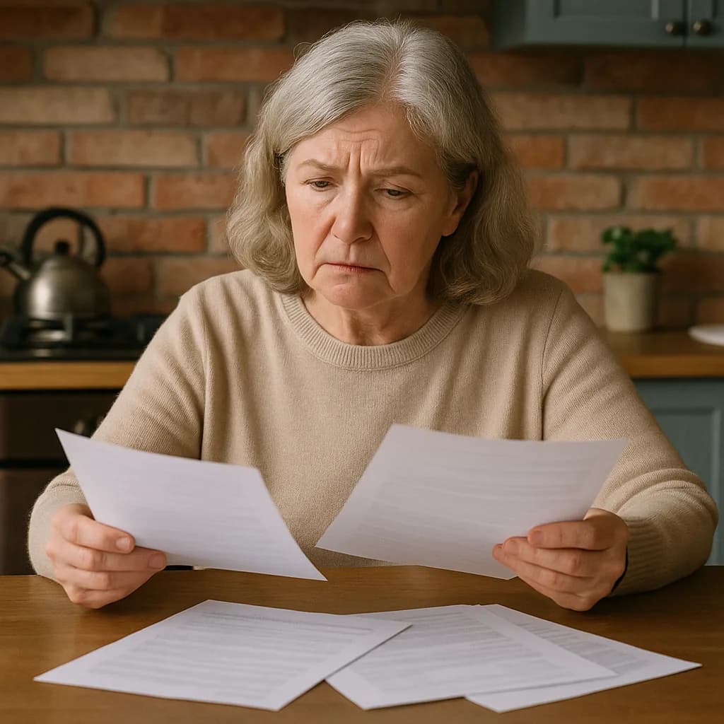 Worried senior woman reviewing financial documents and bills at kitchen table